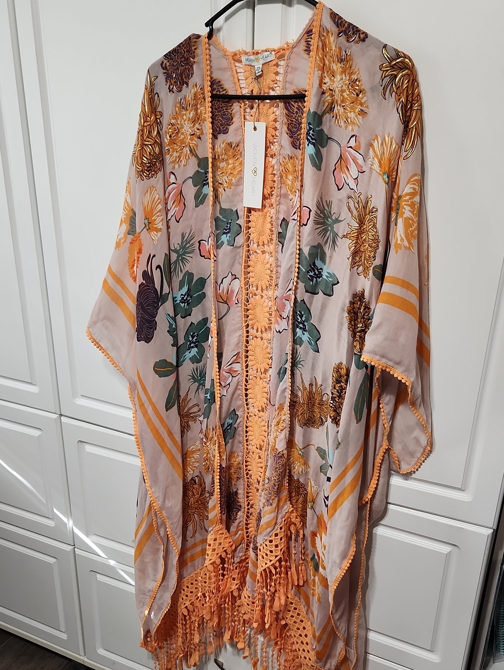 Woven Heart Peach and Orange Floral Fringe Kimono